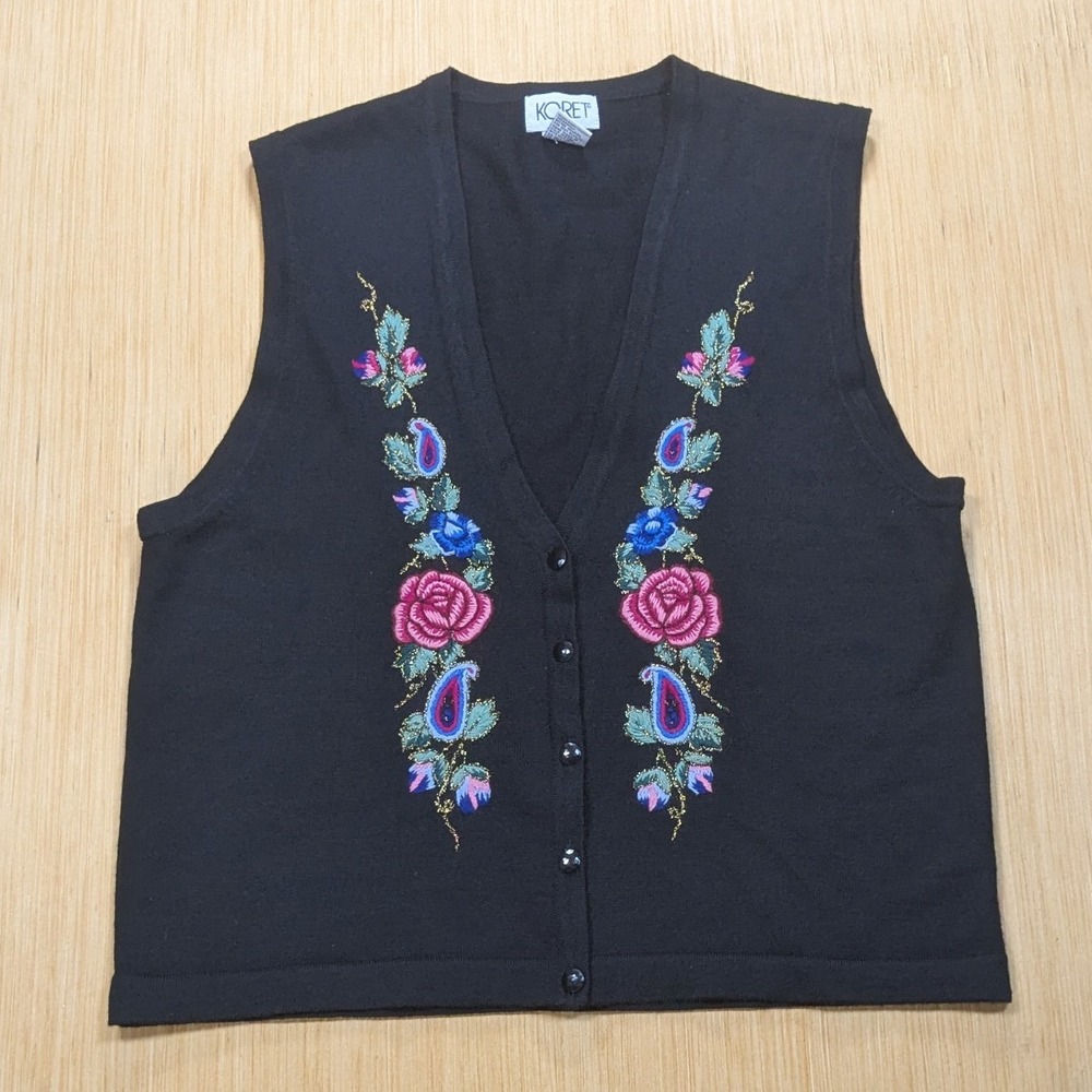 Vintage Koret Embroidered Floral Knit Sweater‎ Vest Wool Blend Women's Medium